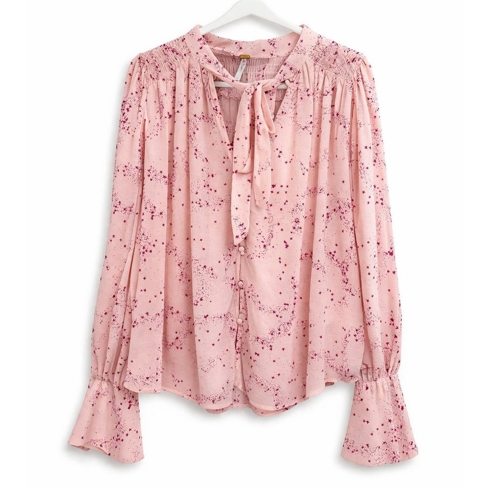 Free People Pink Star Print Blouse Boho Romantic Celestial Tie Neck Top M